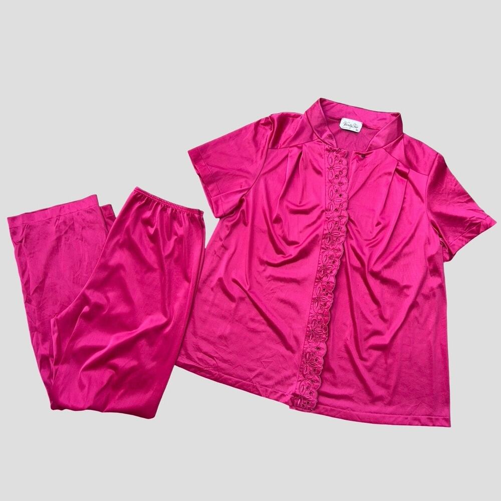 Vintage Vanity Fair Hot Pink Pajama Set Women’s Medium Short Sleeve Top & Pants